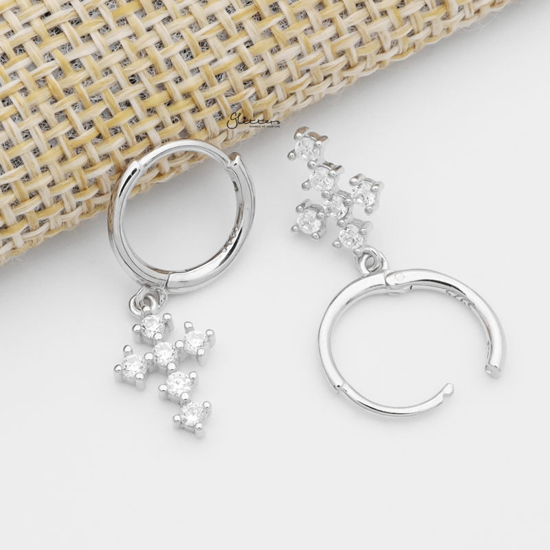 CZ Cross Charm Huggie Hoop Earrings - Silver-Cubic Zirconia, earrings, Hoop Earrings, Jewellery, Women's Earrings, Women's Jewellery-sse0436-S3_800-Glitters