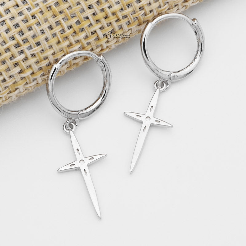 Sterling Silver Cross Charm Huggie Hoop Earrings - Silver-earrings, Hoop Earrings, Jewellery, Women's Earrings, Women's Jewellery-sse0437-s1_800-Glitters