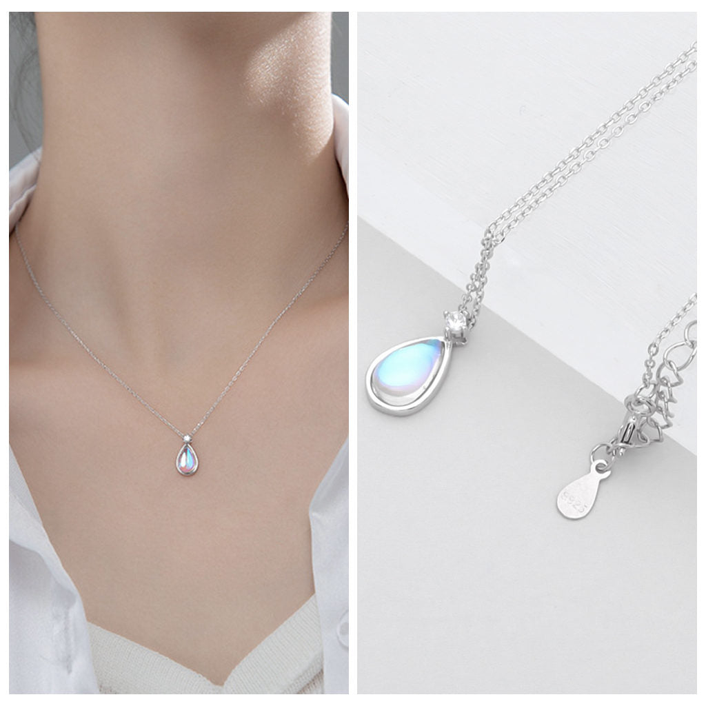 Sterling Silver Teardrop Moonstone Necklace-Cubic Zirconia, Jewellery, Necklaces, New, Sterling Silver Necklaces, Women's Jewellery, Women's Necklace-ssp0190-4-Glitters