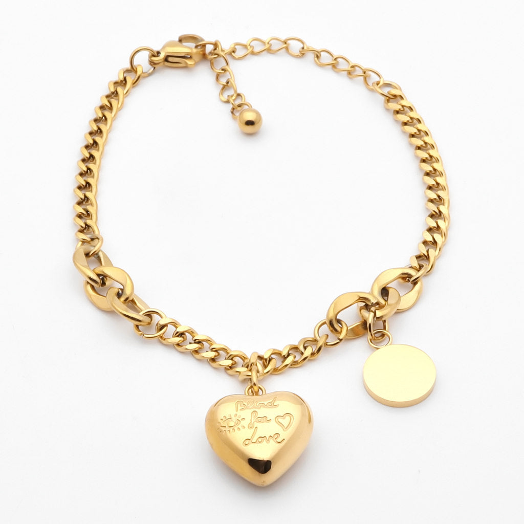 Stainless Steel Women's Bracelet with Dangle Heart Charm - Gold-Bracelets, Jewellery, New, Stainless Steel, Stainless Steel Bracelet, Women's Bracelet, Women's Jewellery-wb0008-g1_1-Glitters