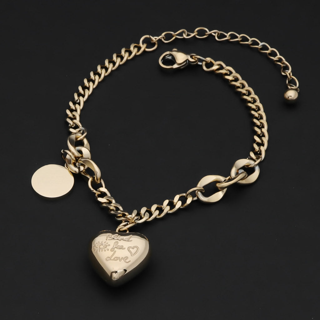 Stainless Steel Women's Bracelet with Dangle Heart Charm - Gold-Bracelets, Jewellery, New, Stainless Steel, Stainless Steel Bracelet, Women's Bracelet, Women's Jewellery-wb0008-g2_1-Glitters